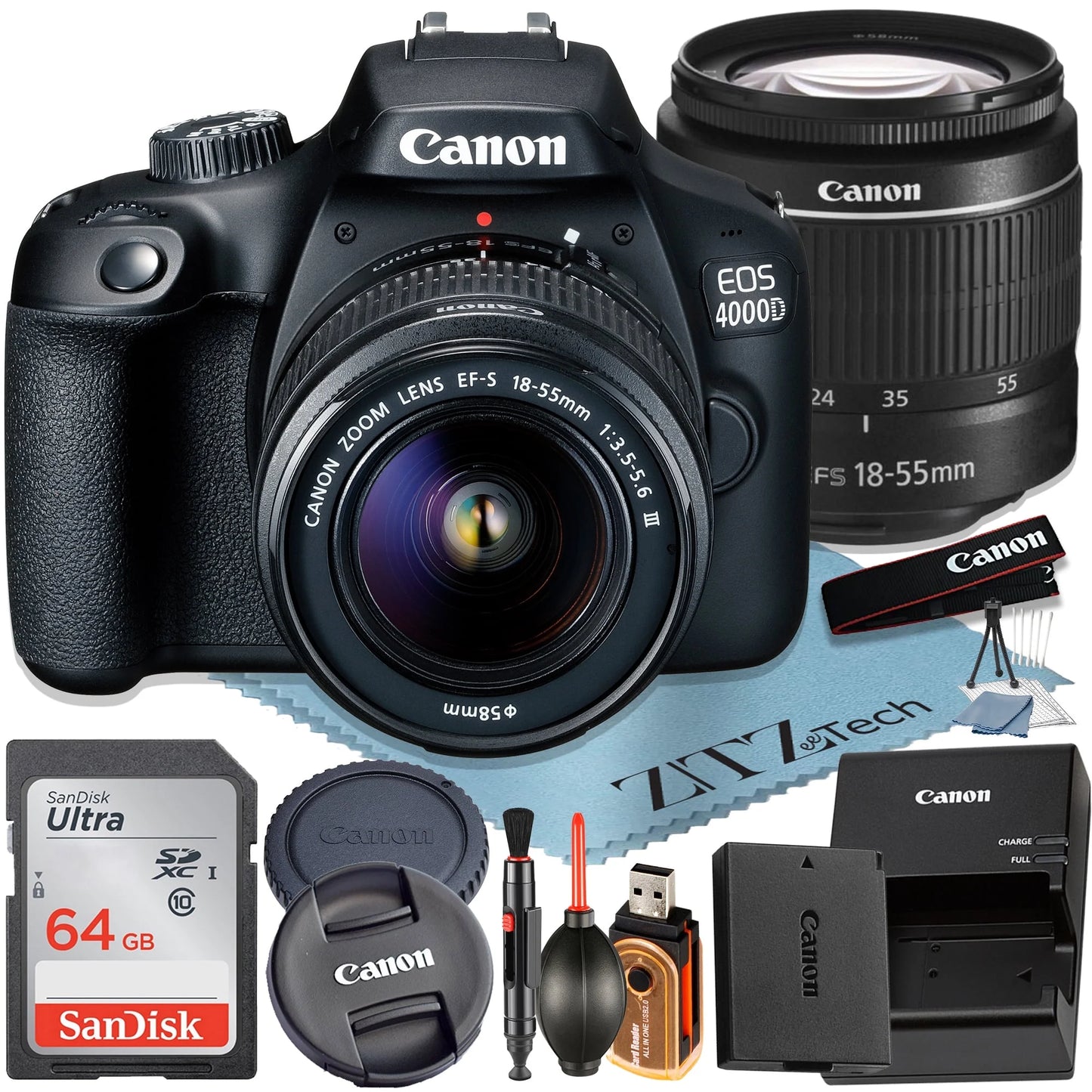 Canon EOS 4000D / Rebel T100 DSLR Camera + EF-S 18-55Mm Lens + Sandisk 64GB Memory Card + Bundle (International Model)