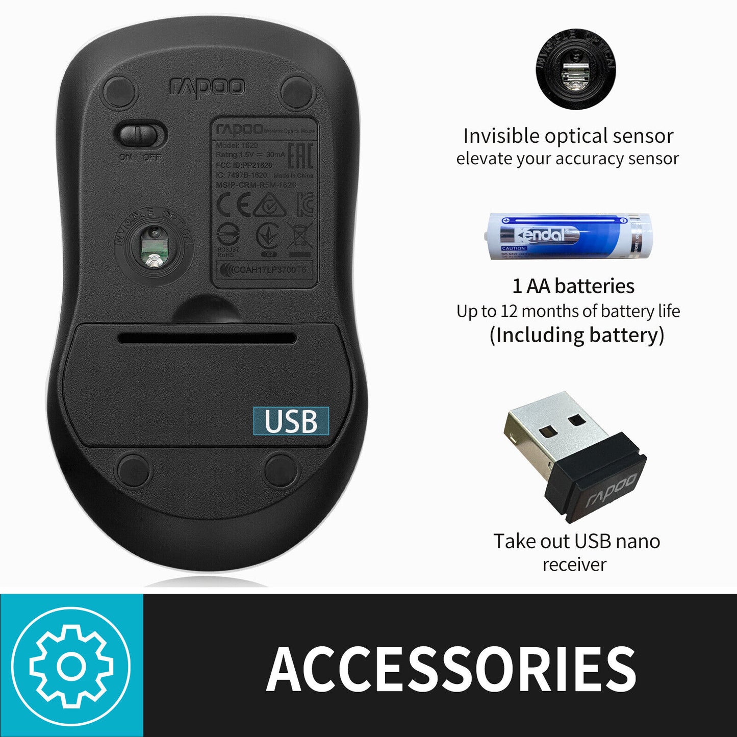 RAPOO 2.4Ghz 1000 DPI Wireless Optical Mouse with USB Receiver for PC Laptop