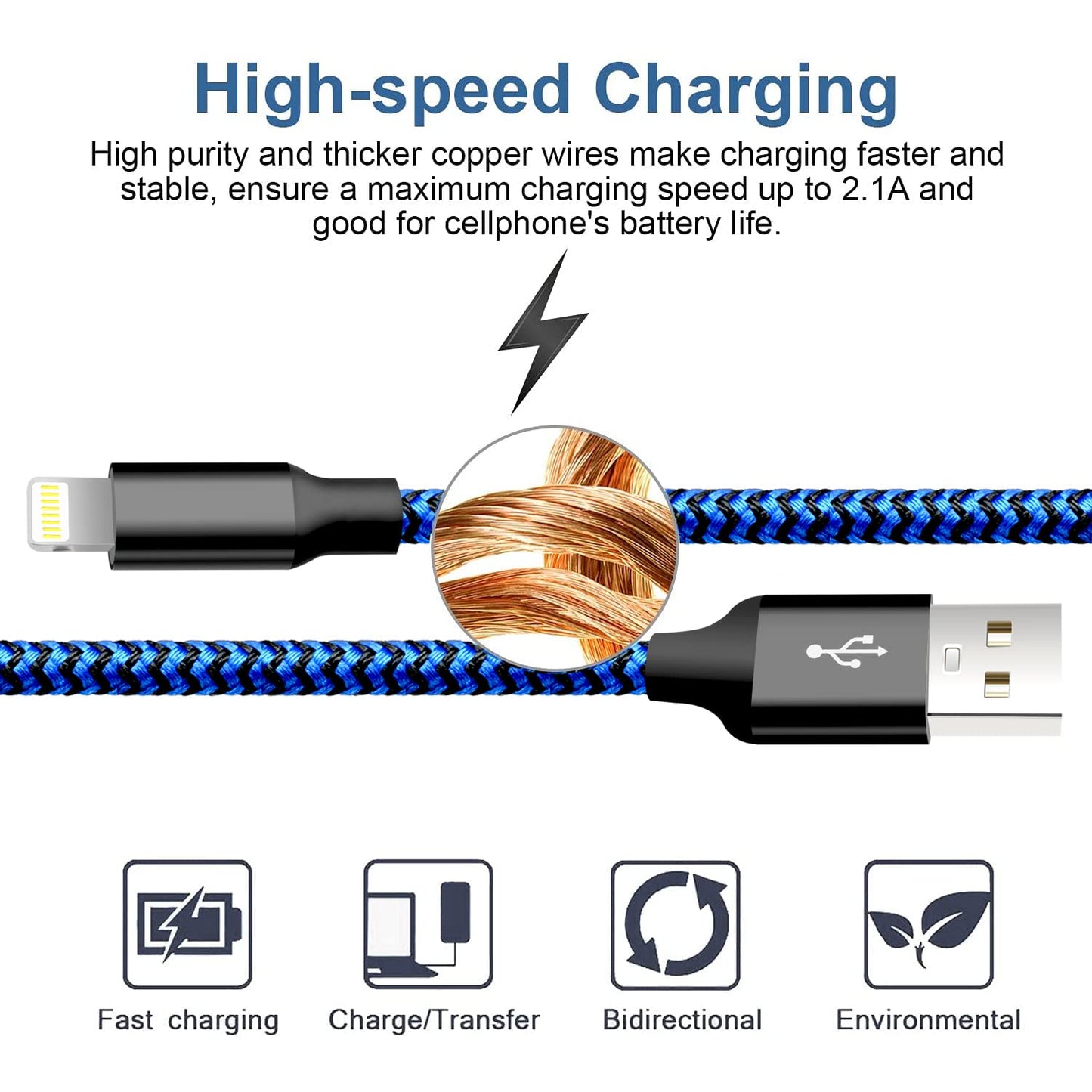 Iphone Charger, 5 Pack 3/3/6/6/10FT Apple Mfi Certified USB Lightning Cable Nylon Braided Fast Charging Cord Compatible for Iphone 14/13/12/11/X/Max/8/7/6/5/Se/Plus/Ipad - Black Blue