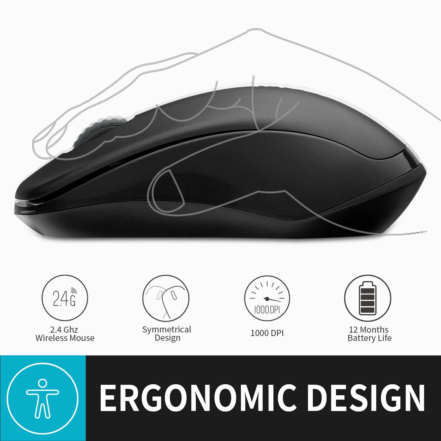 RAPOO 2.4Ghz 1000 DPI Wireless Optical Mouse with USB Receiver for PC Laptop