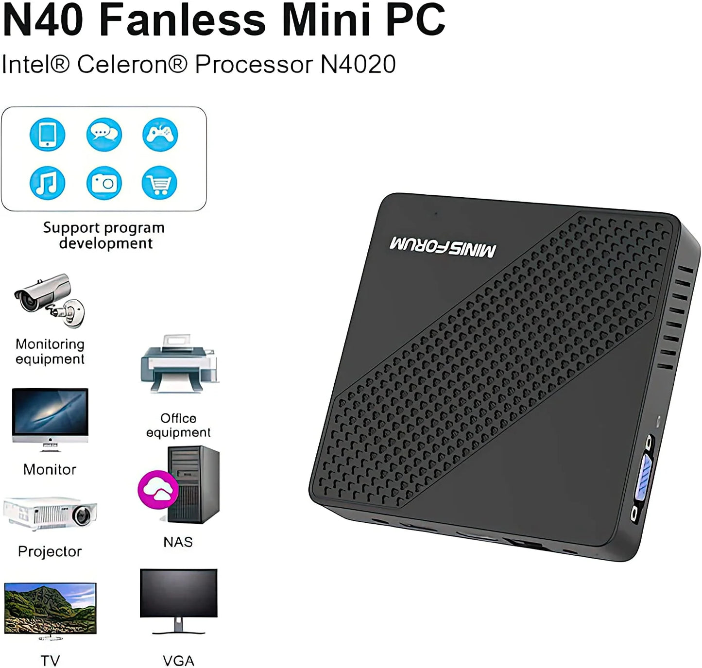 N40 Mini PC Fanless Silent Desktop Computer 4GB RAM, 64GB Emmc Micro PC, Celeron N4020 up to 2.8Ghz, 1000M LAN, HDMI&VGA, Support Auto Power on Mini Computer