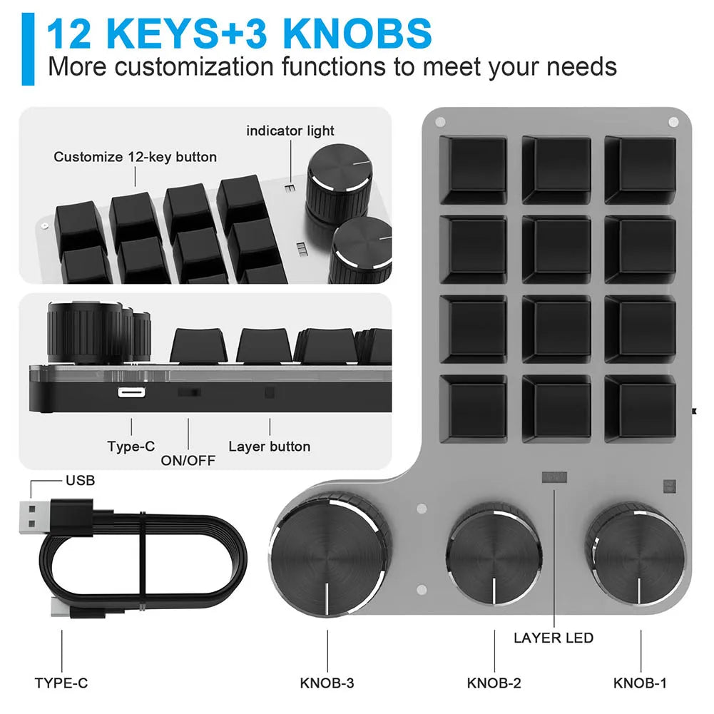Programmable DIY Mechanical Keyboard RGB 12 Keys 3 Knob Custom Macro Keypad Bluetooth/Usb Hotswap Keyboard for Macbook Laptop PC