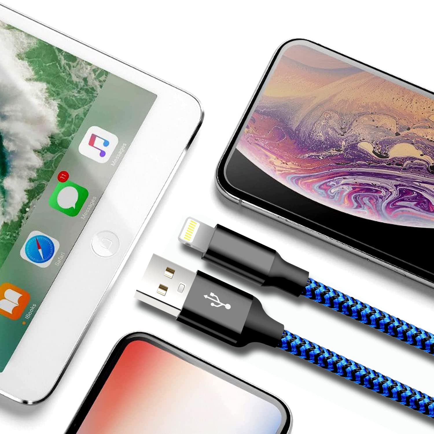 Iphone Charger, 5 Pack 3/3/6/6/10FT Apple Mfi Certified USB Lightning Cable Nylon Braided Fast Charging Cord Compatible for Iphone 14/13/12/11/X/Max/8/7/6/5/Se/Plus/Ipad - Black Blue