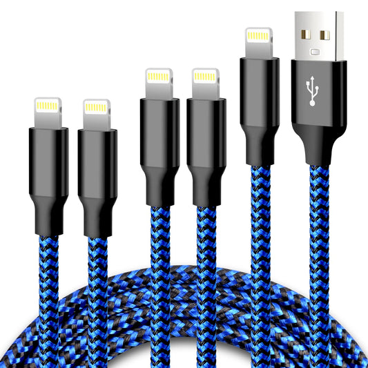 Iphone Charger, 5 Pack 3/3/6/6/10FT Apple Mfi Certified USB Lightning Cable Nylon Braided Fast Charging Cord Compatible for Iphone 14/13/12/11/X/Max/8/7/6/5/Se/Plus/Ipad - Black Blue