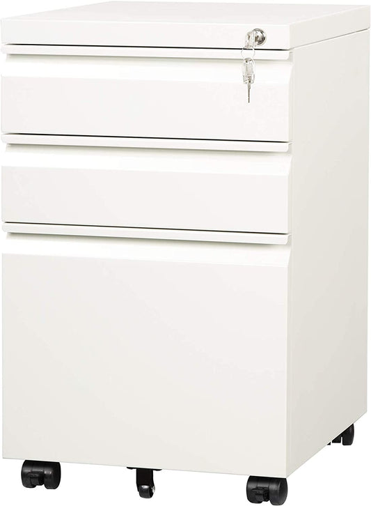 3-Drawer Mobile File Cabinet (Under Office Desk), Assembled except Casters, Fits Letter/Standard Sizes, White