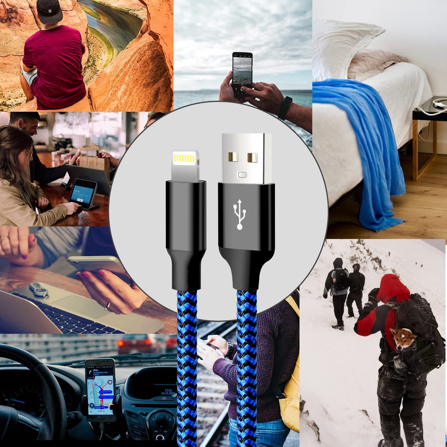 Iphone Charger, 5 Pack 3/3/6/6/10FT Apple Mfi Certified USB Lightning Cable Nylon Braided Fast Charging Cord Compatible for Iphone 14/13/12/11/X/Max/8/7/6/5/Se/Plus/Ipad - Black Blue