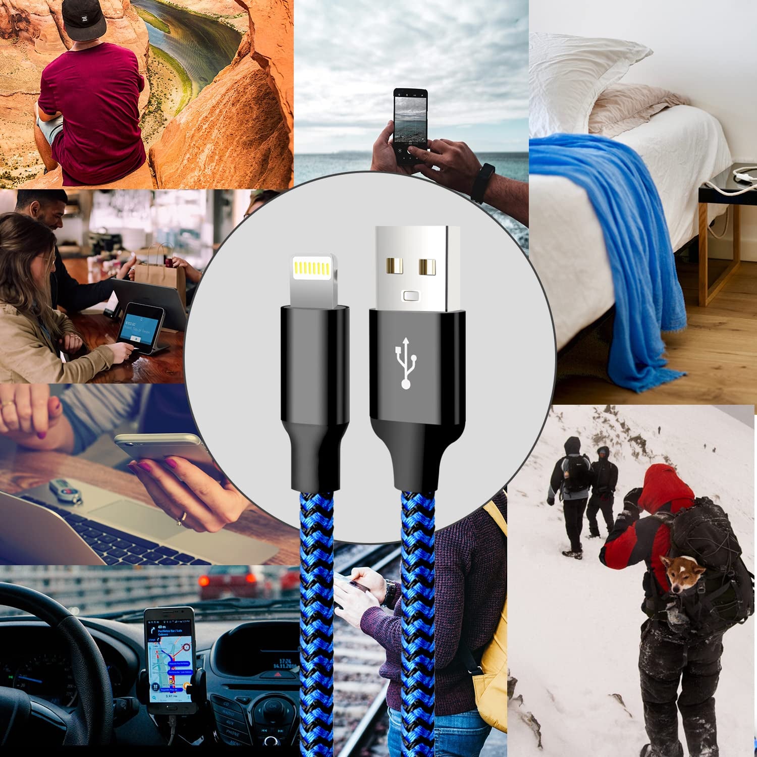 Iphone Charger, 5 Pack 3/3/6/6/10FT Apple Mfi Certified USB Lightning Cable Nylon Braided Fast Charging Cord Compatible for Iphone 14/13/12/11/X/Max/8/7/6/5/Se/Plus/Ipad - Black Blue