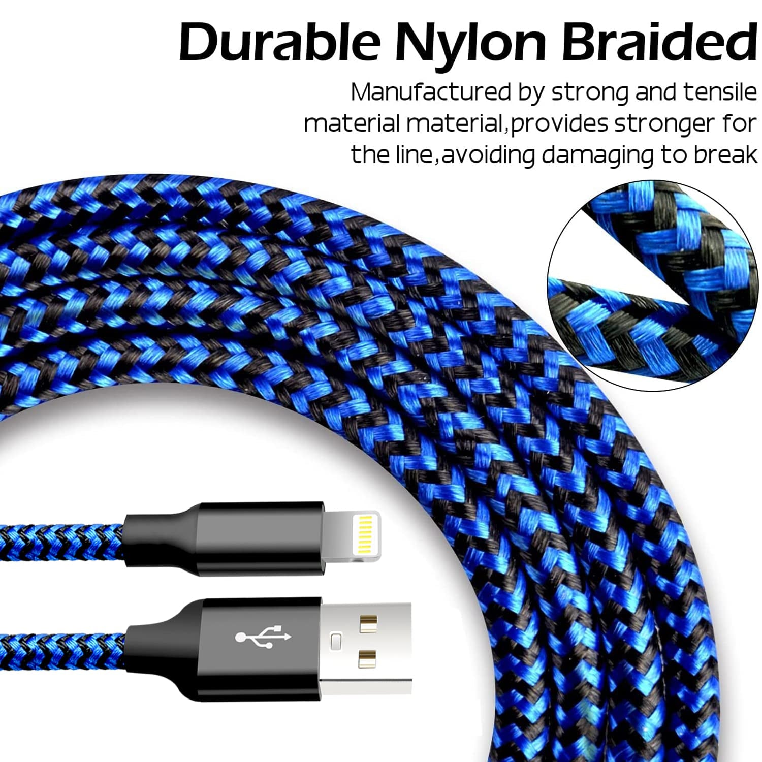 Iphone Charger, 5 Pack 3/3/6/6/10FT Apple Mfi Certified USB Lightning Cable Nylon Braided Fast Charging Cord Compatible for Iphone 14/13/12/11/X/Max/8/7/6/5/Se/Plus/Ipad - Black Blue